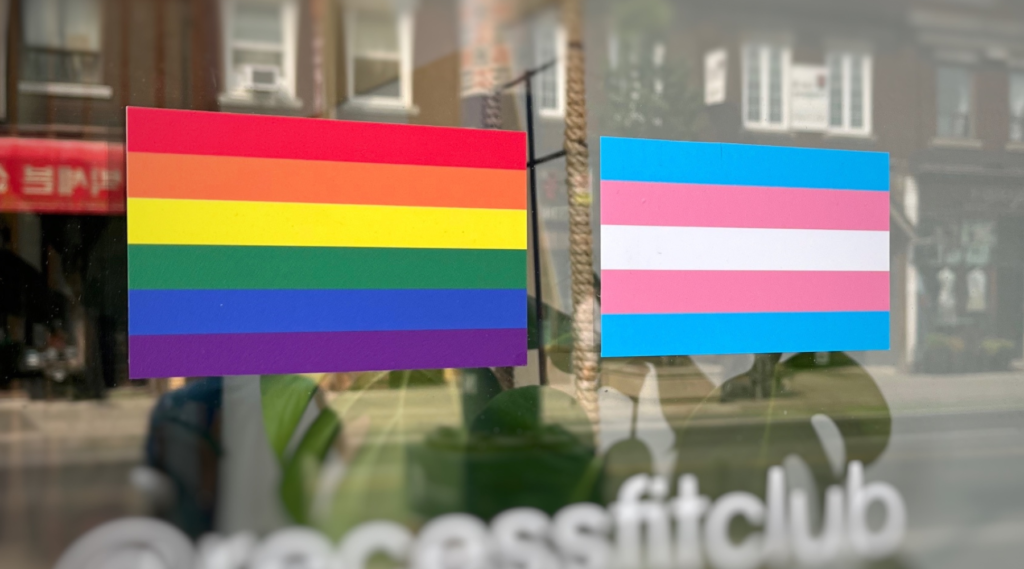 Pride and Trans Flag on Recess Fit Club Window