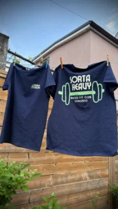 Two t-shirts hanging on a clothes line